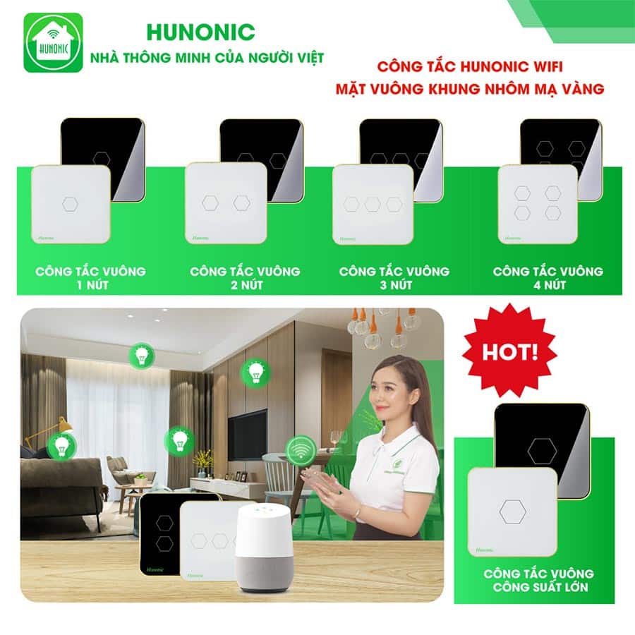 Công tắc hunonic wifi khung nhôm viền vàng